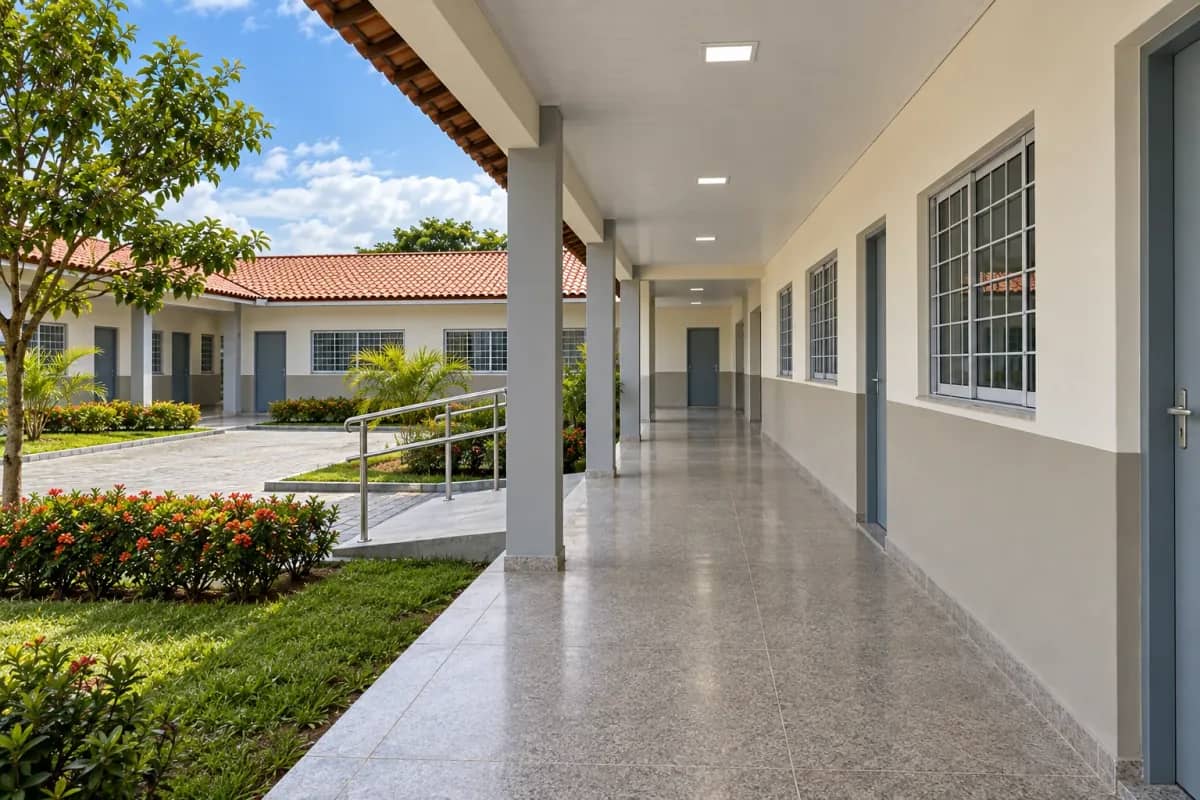 Corredor coberto com piso em granilite e vista para o pátio interno ajardinado