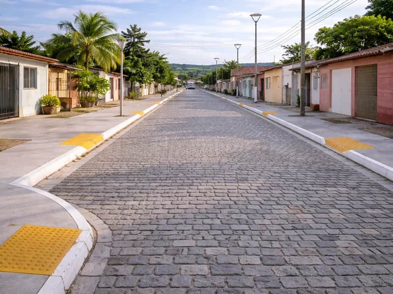 Obra Pavimentação em Paralelepípedo e Drenagem no Bairro da Várzea executada pela WJX Construções em Baía da Traição, PB