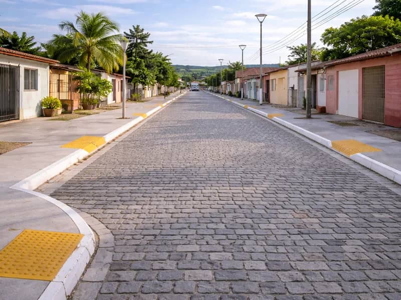 Obra Pavimentação em Paralelepípedo e Drenagem no Bairro da Várzea executada pela WJX Construções em Baía da Traição, PB
