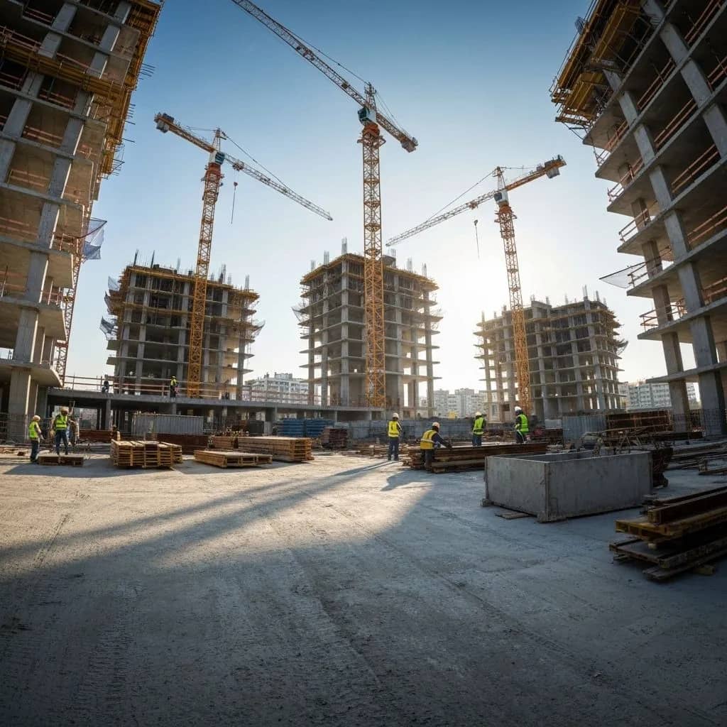 Canteiro de obras da WJX Construções mostrando equipamentos e estruturas em construção