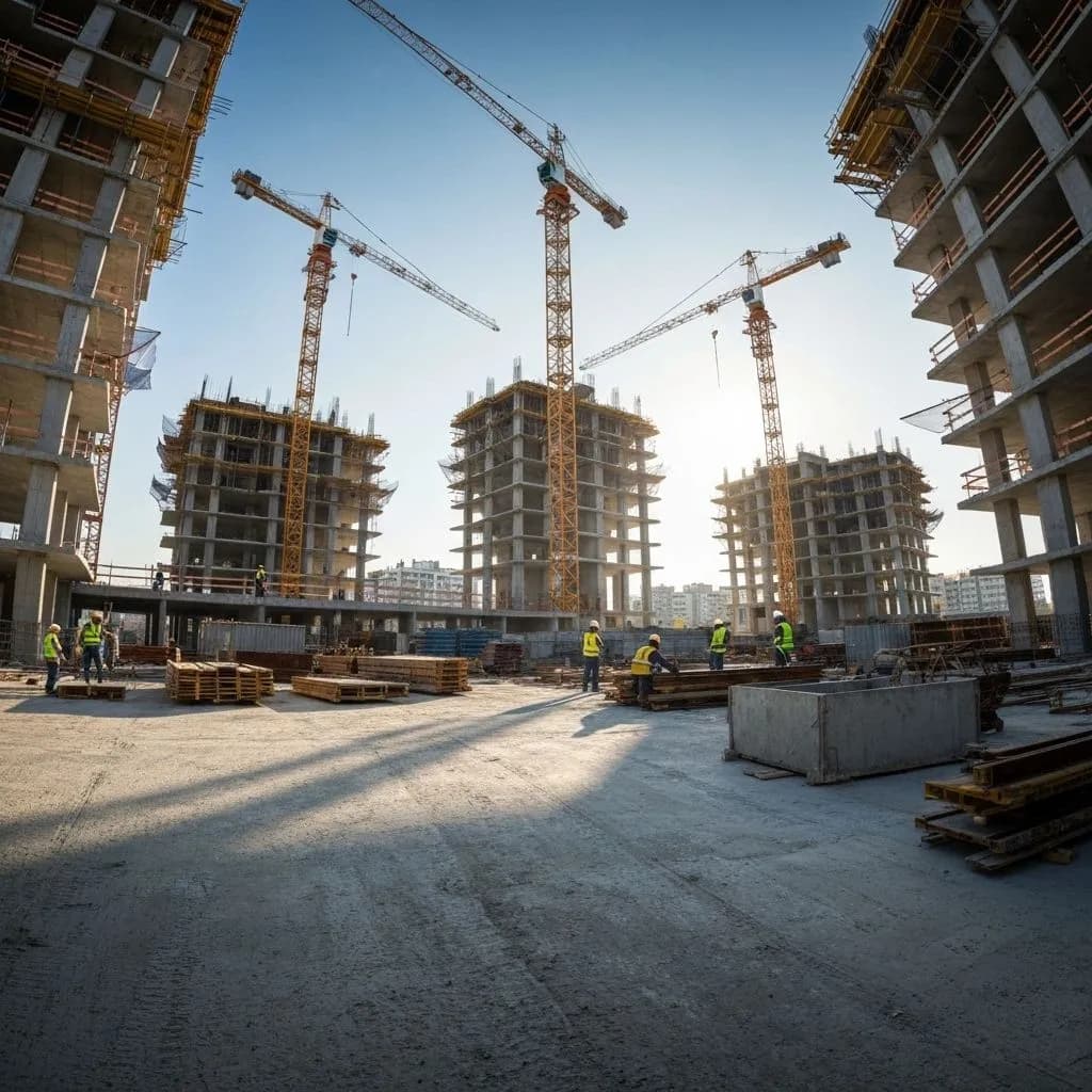 Canteiro de obras da WJX Construções mostrando equipamentos e estruturas em construção